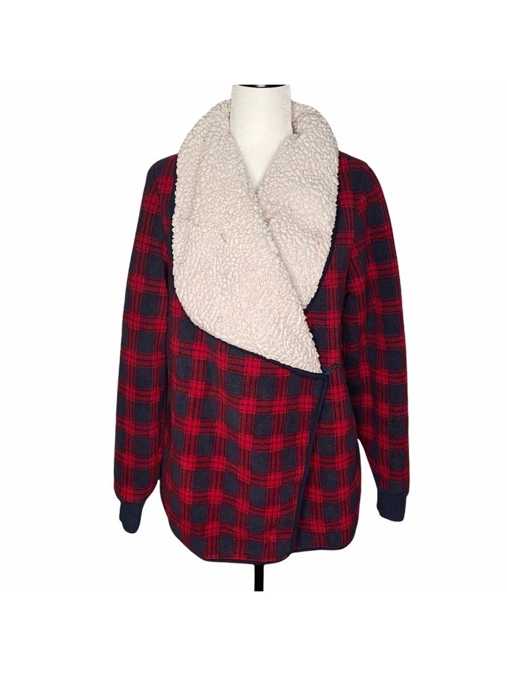 Jachs Girlfriend Women Buffalo Plaid Blue Red Sherpa Cardigan Shacket Jacket